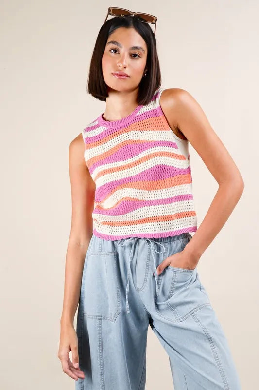 VERY J Multi Color Stripe Knit Crop Tank