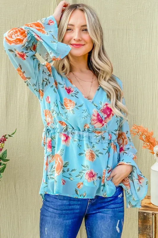 And The Why Floral Print Draw String Bell Sleeve Top