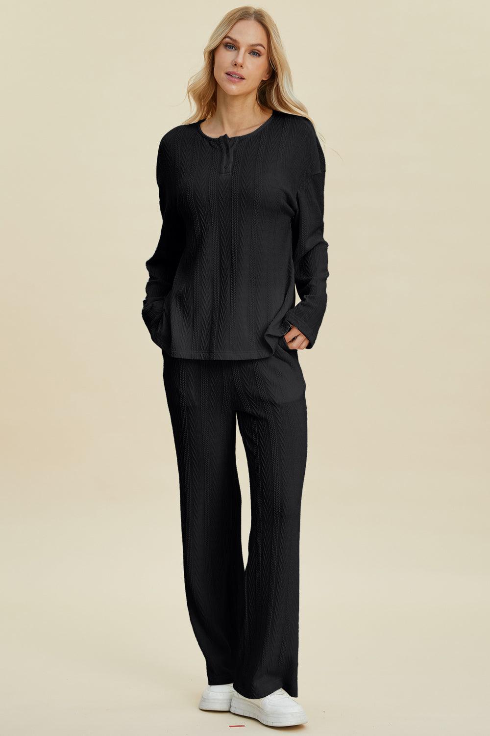 Double Take Full Size Cable-Knit Long Sleeve Top and Pants Set Black