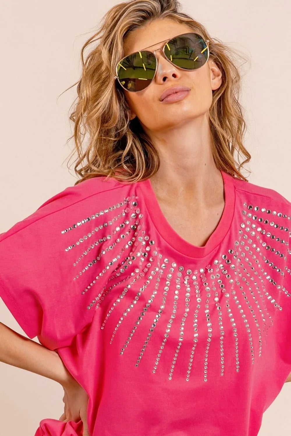 BiBi Rhinestone Beaded Short Sleeve Top