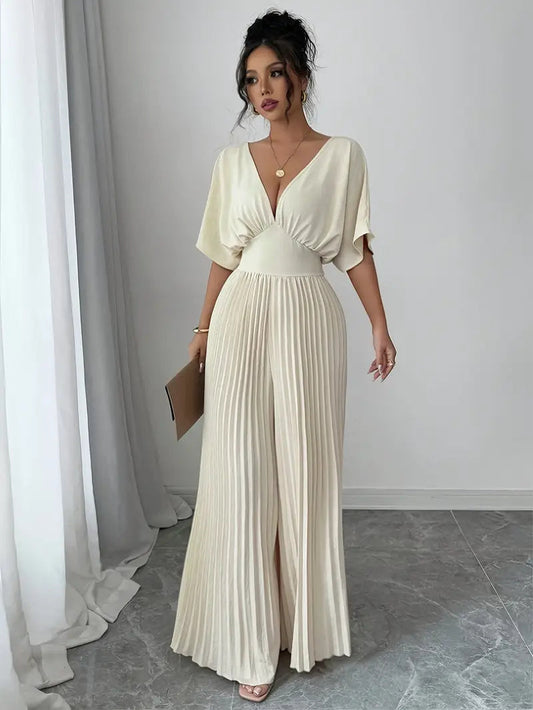 pleated jumpsuit shirt sleeve v-neck