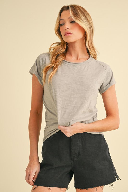 Aemi + Co Lettuce Edge Round Neck Short Sleeve T-Shirt Light Gray
