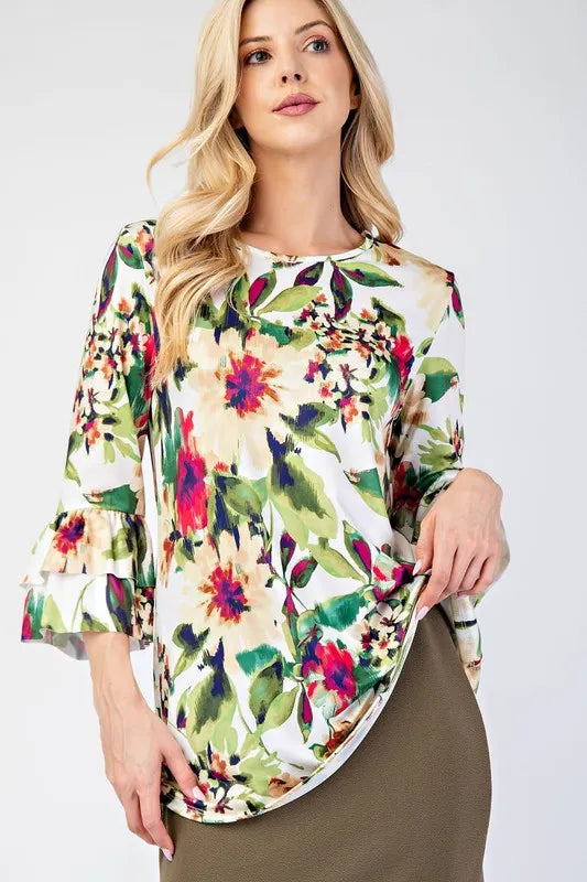 Celeste Full Size Floral Layering Tops with None Slip Sleeves Plus Size GREEN FLORAL