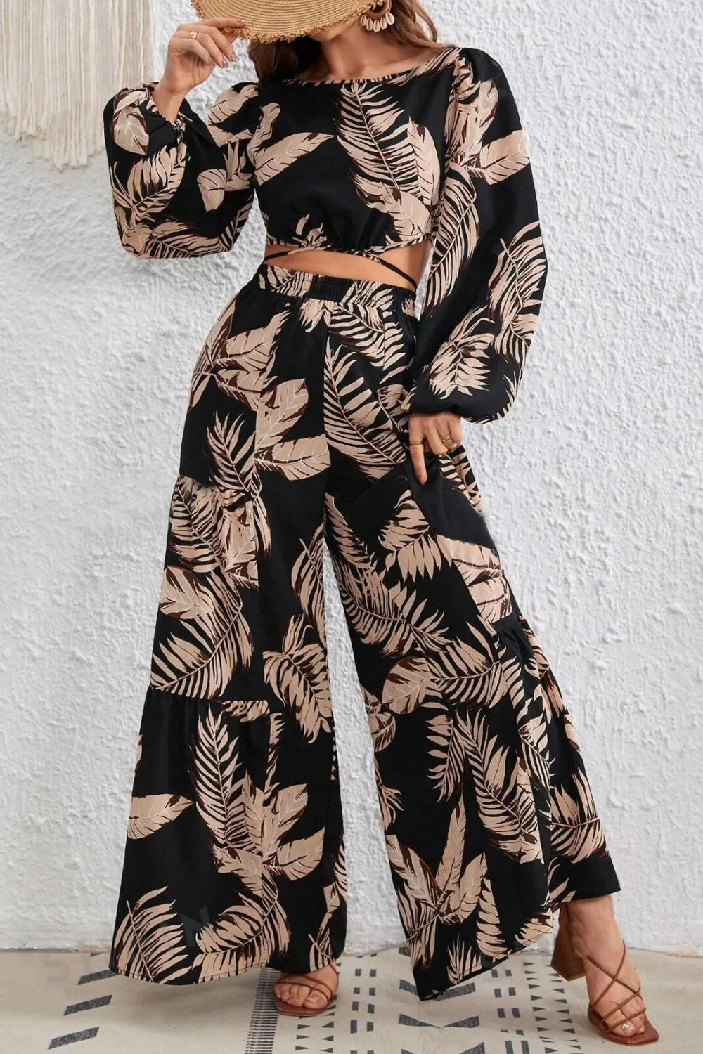 Printed Round Neck Long Sleeve Top and Pants Set