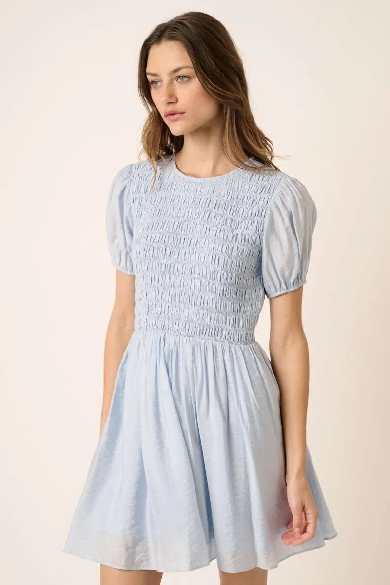 Mittoshop Smocking Detail Puff Sleeve Mini Dress BLUE