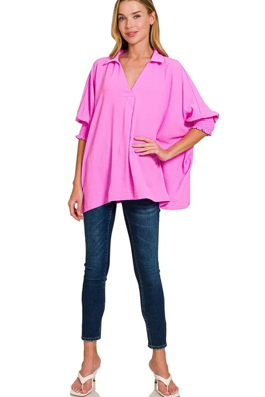 Zenana Airflow Collar Tee with Smocked Sleeve Band Top