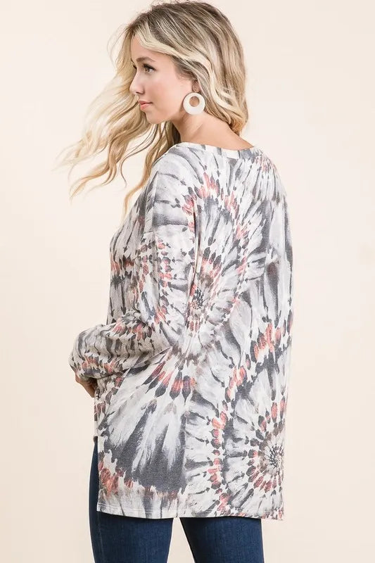 BiBi Tie Dye Terry Top with Contrast Stitching