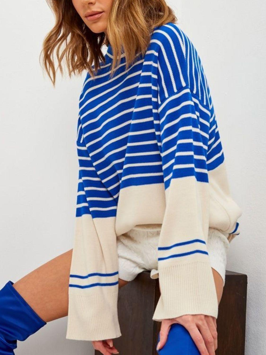 Striped Mock Neck Long Sleeve Sweater Navy