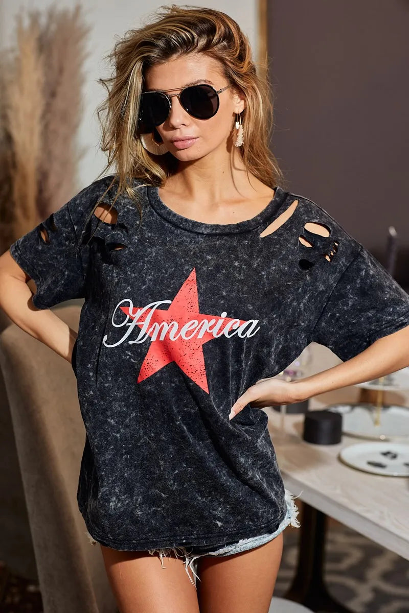 BiBi Laser Cut Mineral Washed Jersey Top with America