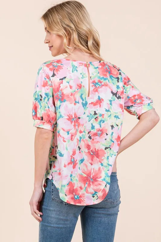 BOMBOM Floral Round Neck Puff Sleeve Top