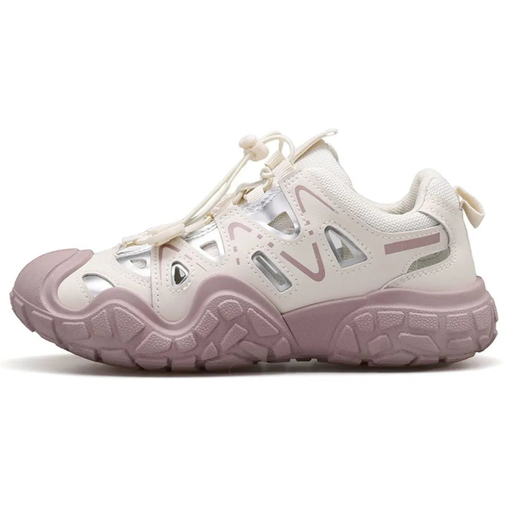Elastic Lock Laces Round Toe Platform Contrast Athletic Pink