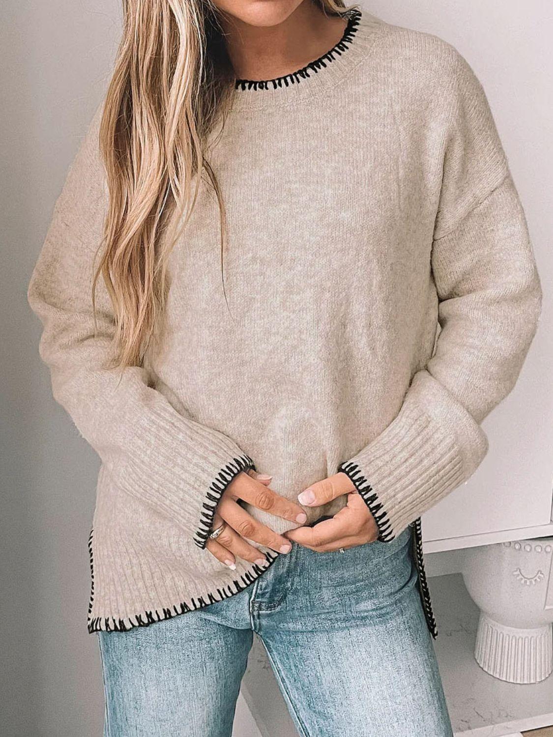 Perfee Round Neck Long Sleeve Sweater Khaki