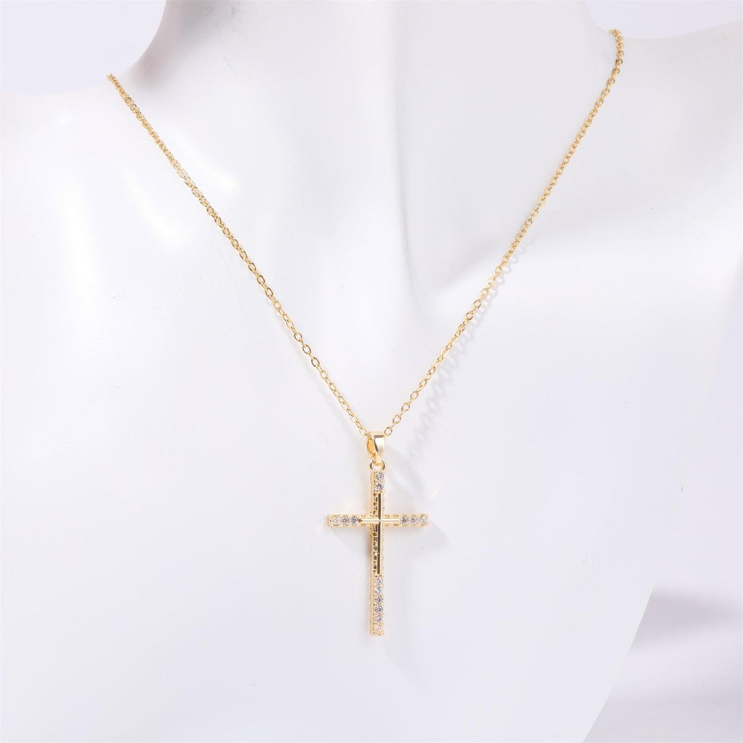 Stainless Steel Inlaid Zircon Cross Necklace Style D One Size