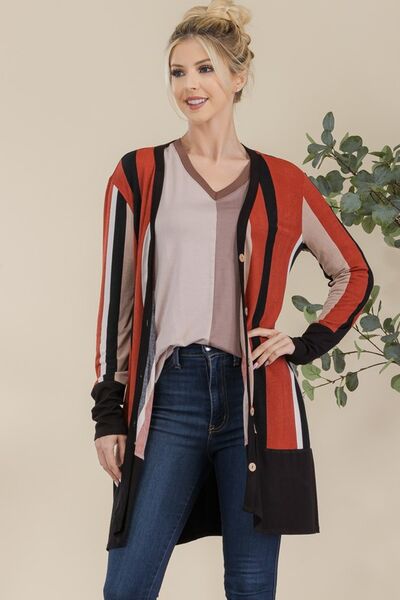 Celeste Full Size Striped Button Up Long Sleeve Cardigan Plus Size Rust
