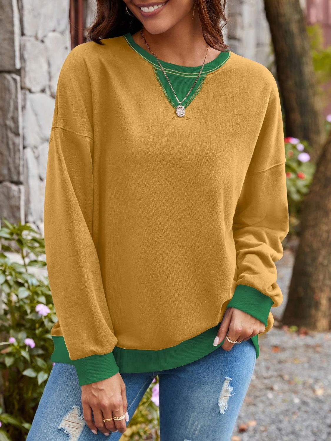 Lovelet Contrast Round Neck Long Sleeve Sweatshirt Mustard