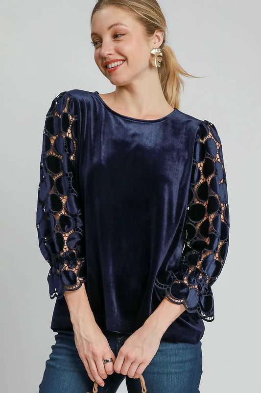Umgee Polka Dot Lace Long Sleeve Round Neck Blouse Navy