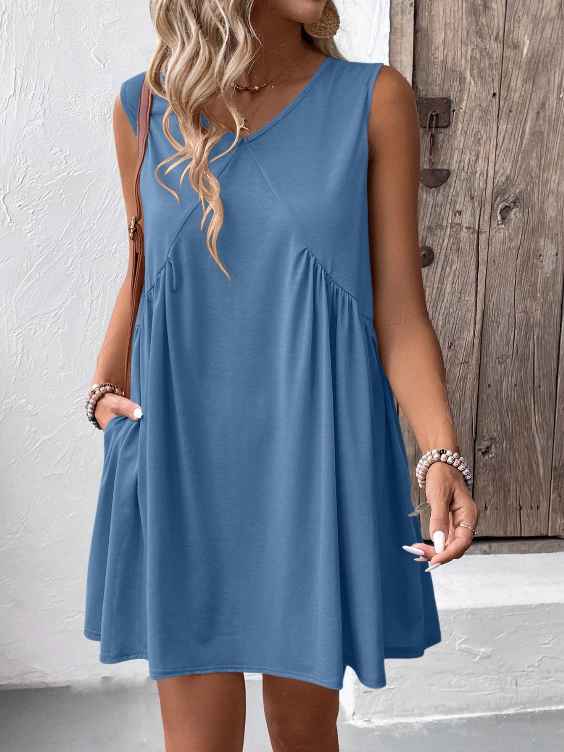 Ivy Lane Ruched V-Neck Sleeveless Mini Dress Dusty Blue