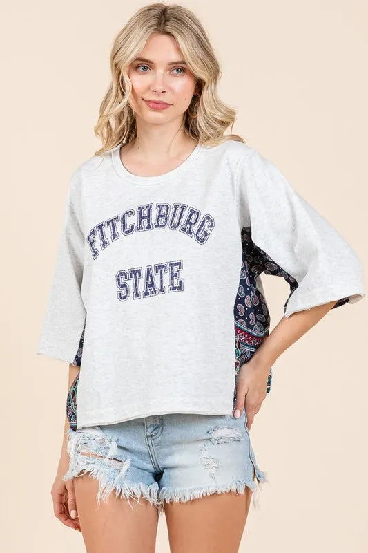 Lime 'N' Chili Fitchburg State Graphic Contrast Half Sleeve Top