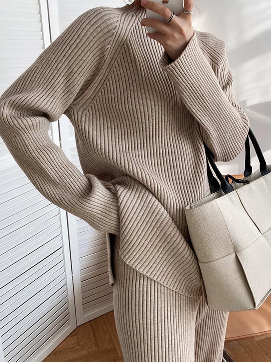 Mock Neck Raglan Sleeve Top and Pants Sweater Set Dust Storm One Size