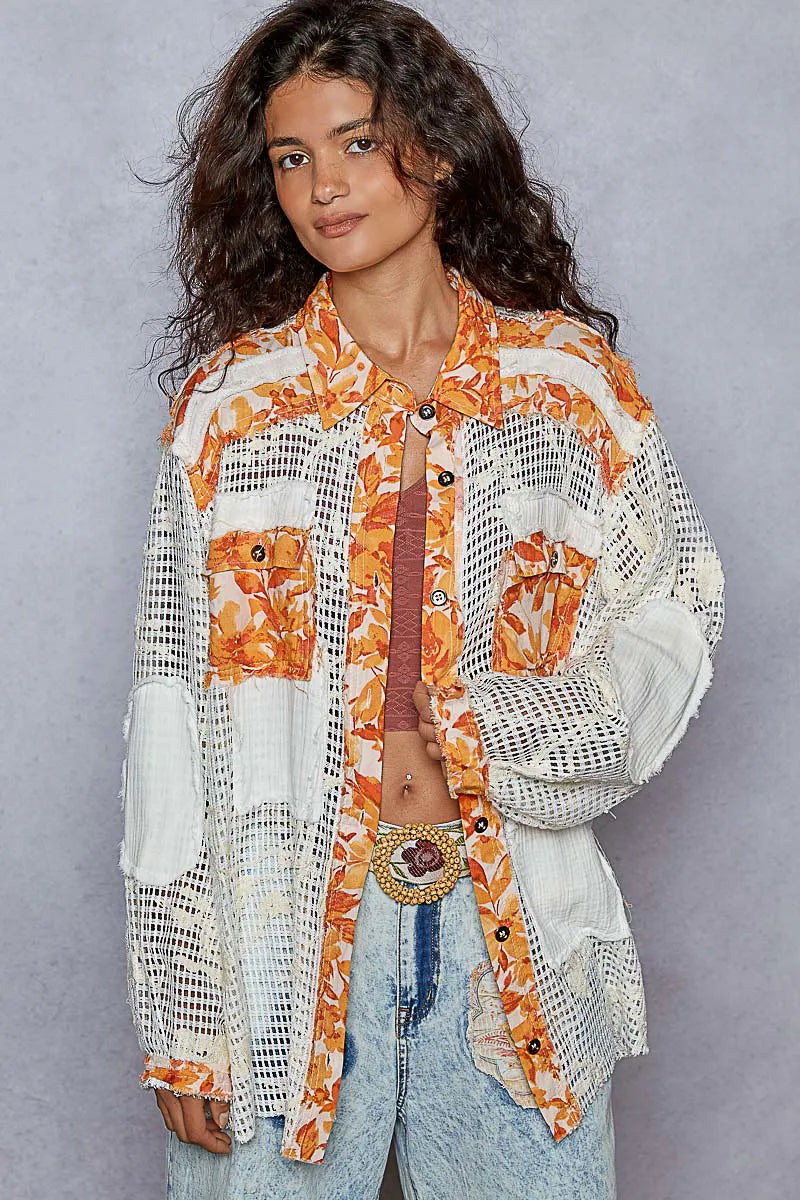 POL Floral Print Crochet Button Up Shirt Tangerine