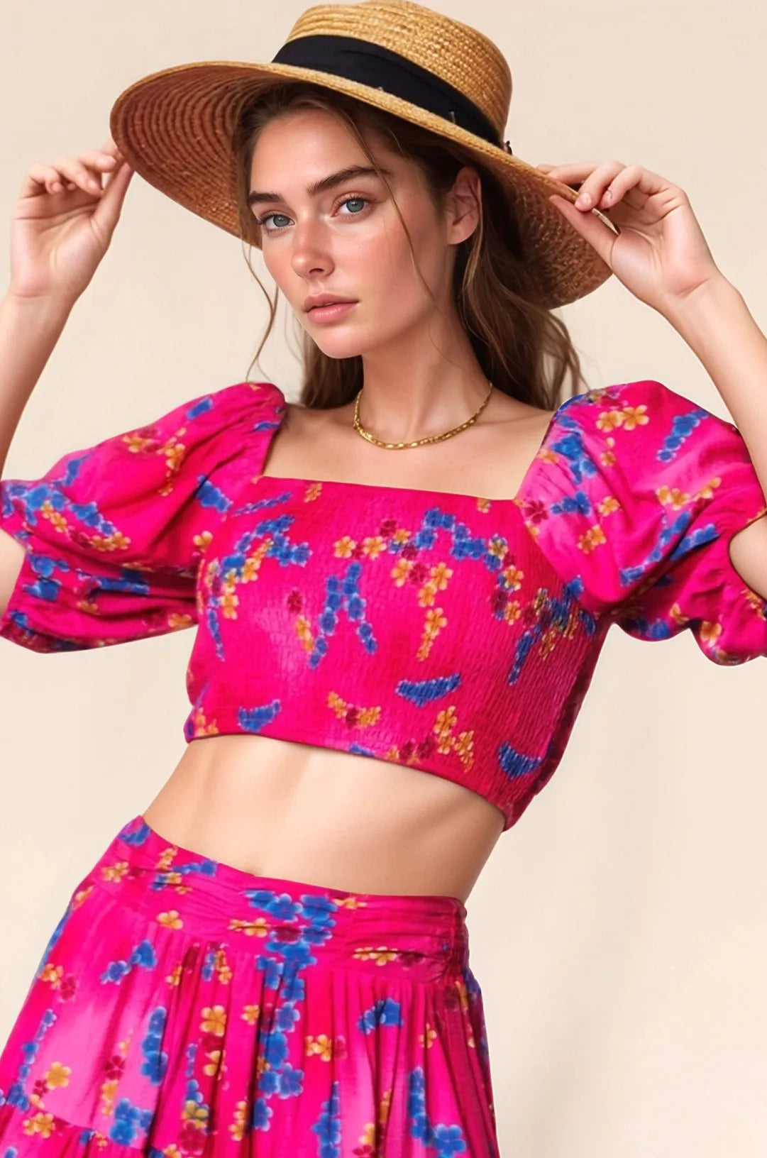 Davi & Dani Smocing Bodice Puff Short Sleeve Printed Crop Top CANDY PINK