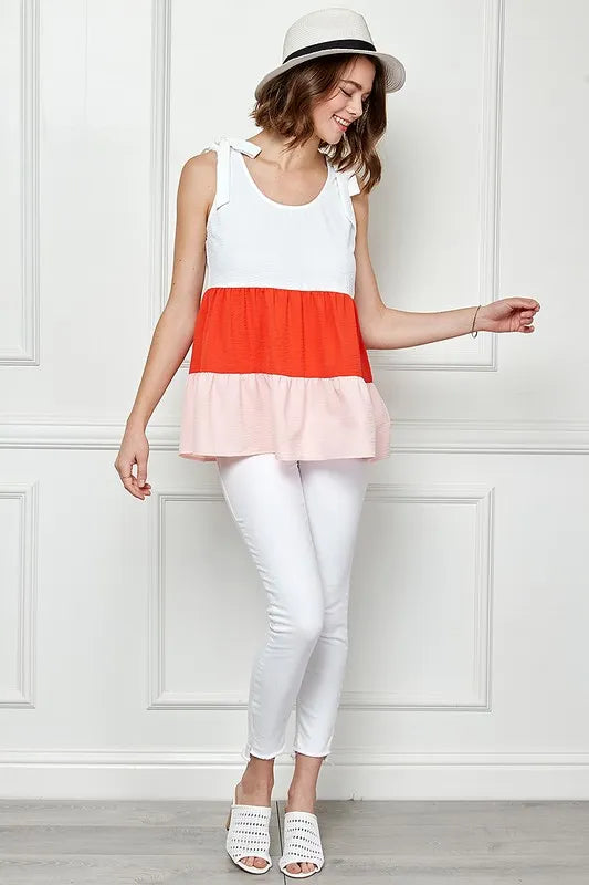 Lime 'N' Chili Color Block Sleeveless Tie Shoulder Babydoll Top