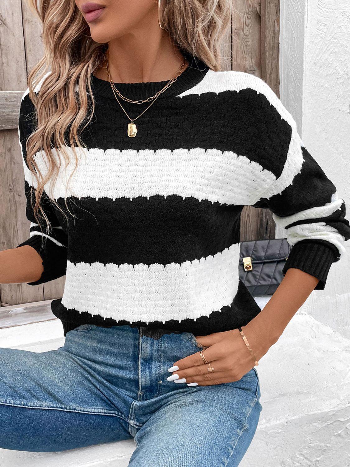 Perfee Striped Round Neck Long Sleeve Sweater Black