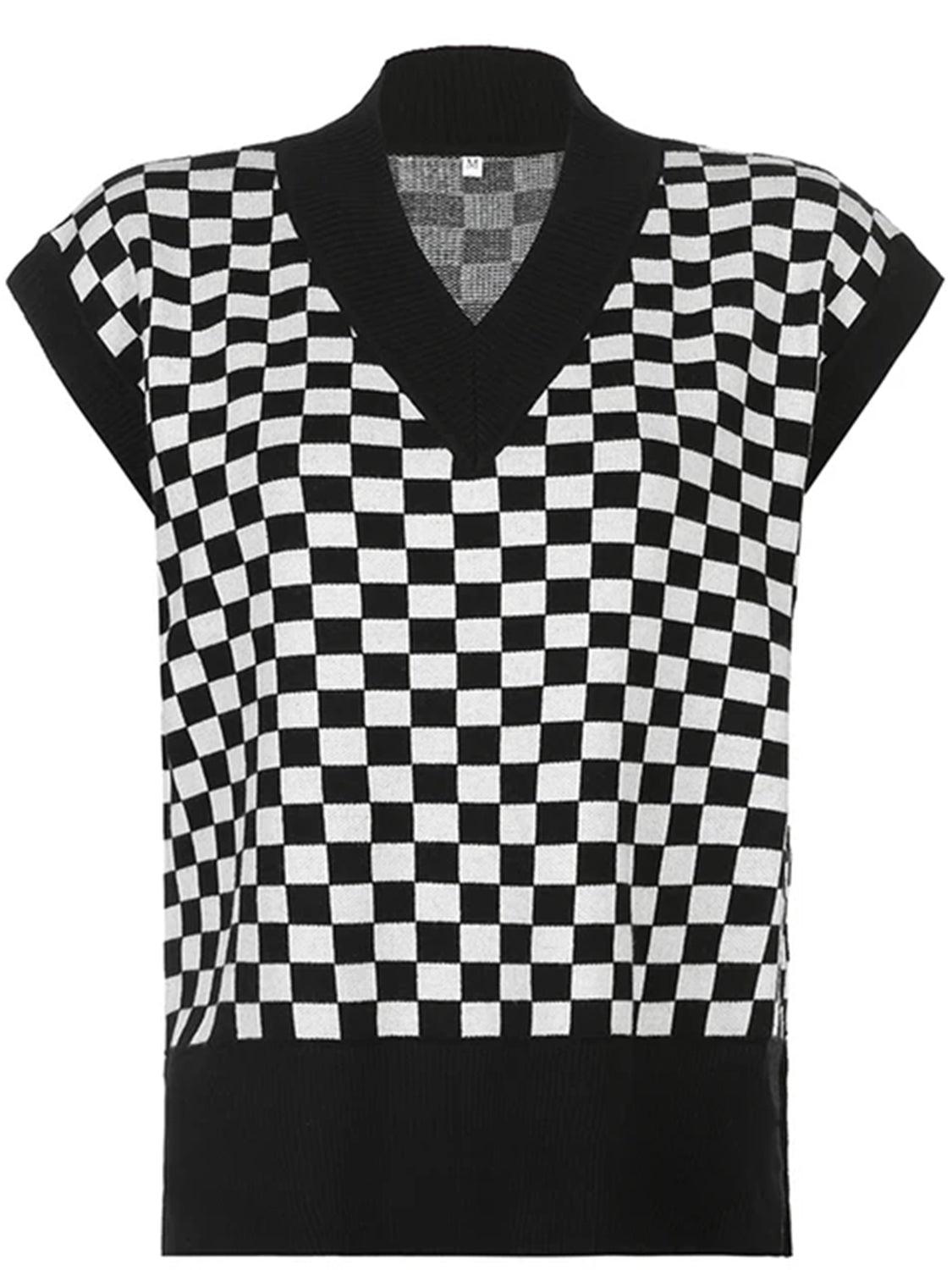 Full Size Checkered V-Neck Sweater with Cap Sleeves