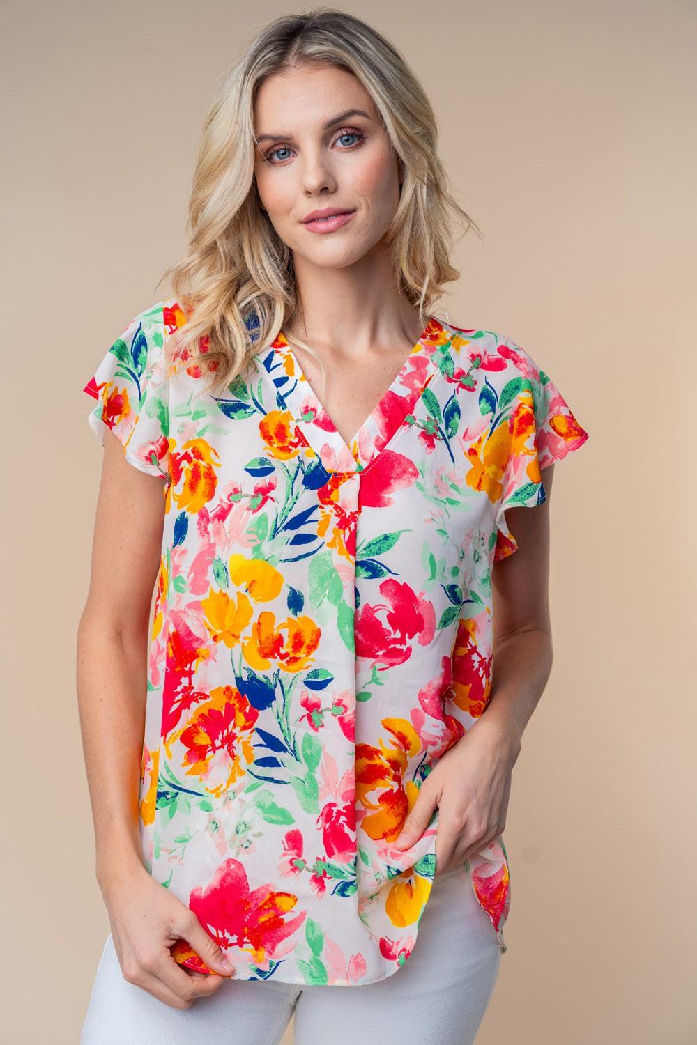 White Birch Full Size Short Sleeve Floral Woven Top White Multi