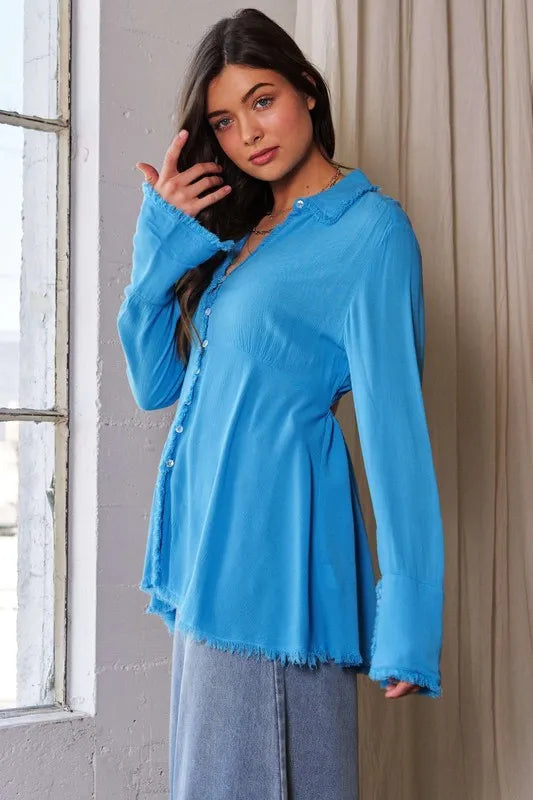 Davi & Dani V-Neck Open Back Adjustable Babydoll Shirt