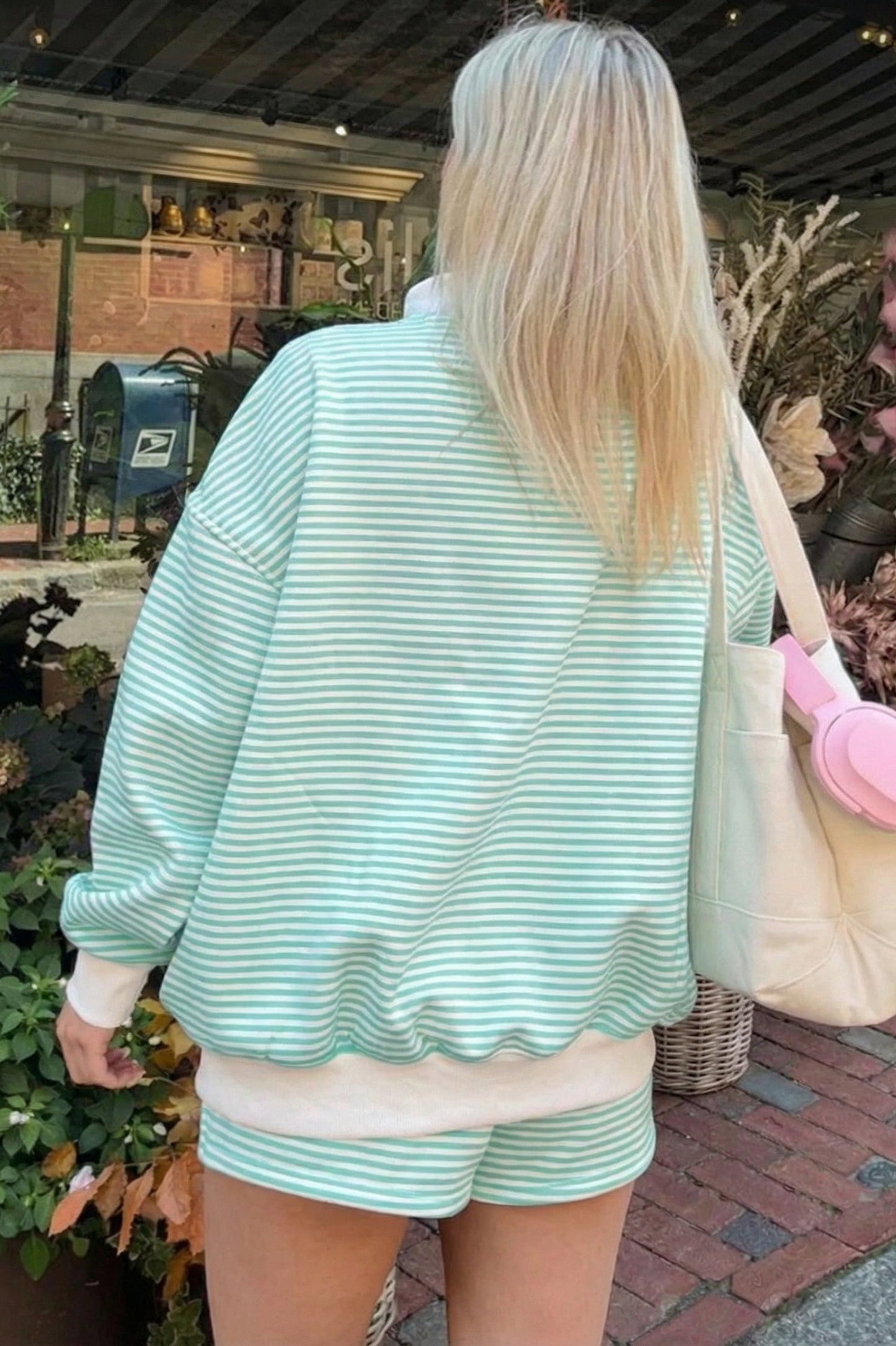 Stripe Oversized Mock Neck Sweatshirt & Shorts Set