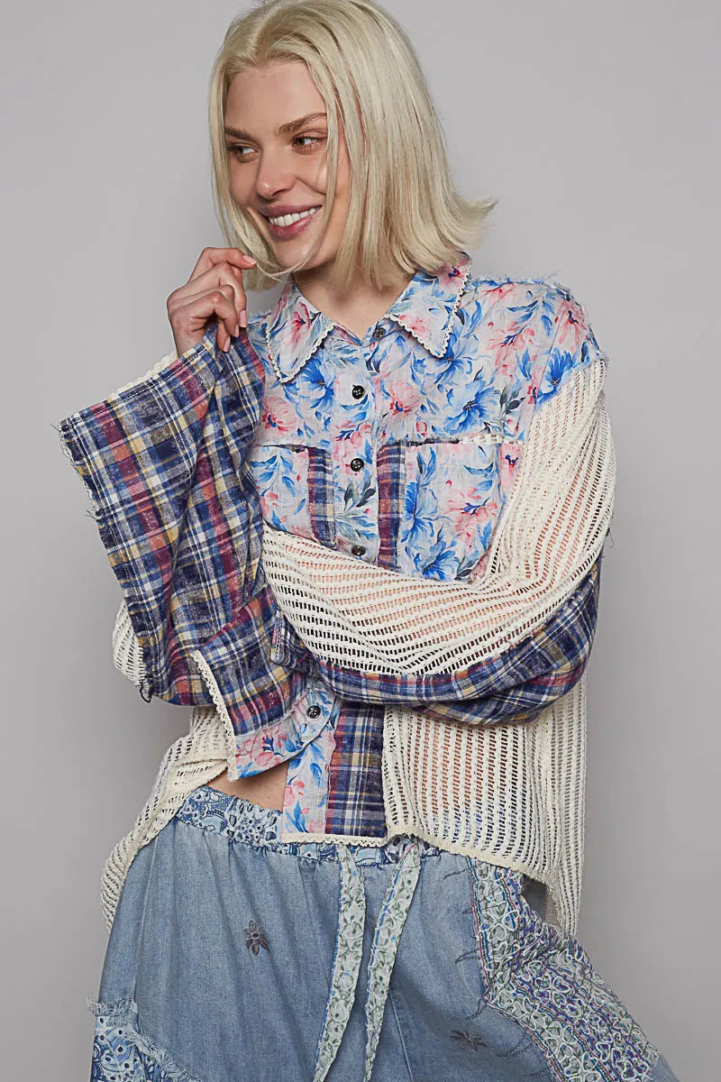 POL Floral Slit Back Plaid Patchwork Shirt Blue