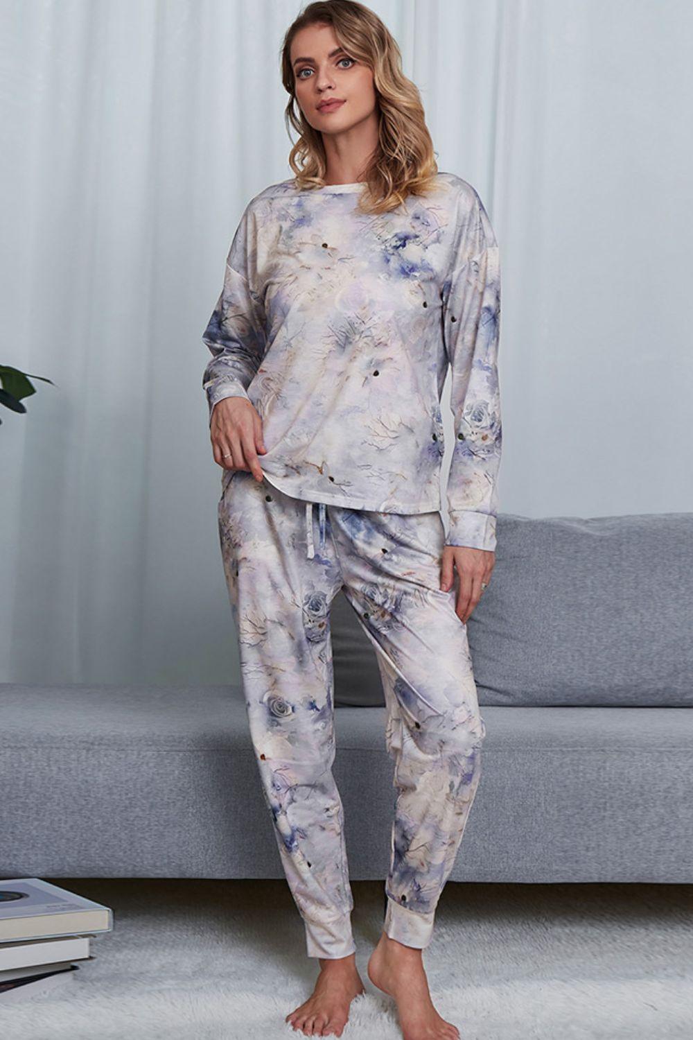 Shiny Tie-Dye Crewneck Top and Drawstring Waist Joggers Lounge Set Light Blue