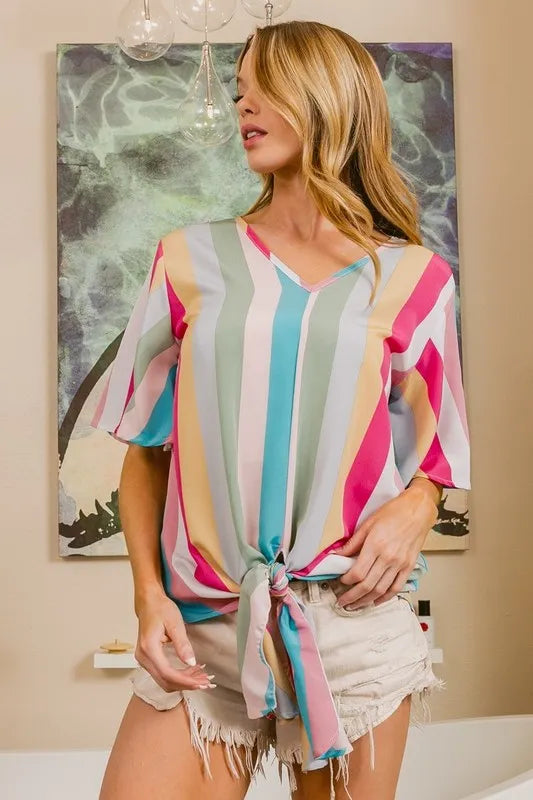 BiBi Multi Stripe Woven V Neck Top with Long Front Tie