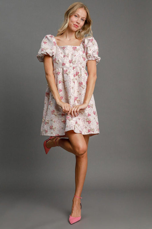 Umgee Heart Jacquard Square Neck Puff Sleeve Mini Dress Pink