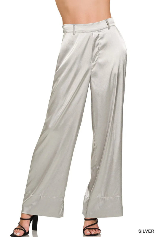 Zenana Wide-Leg Satin Pants SILVER