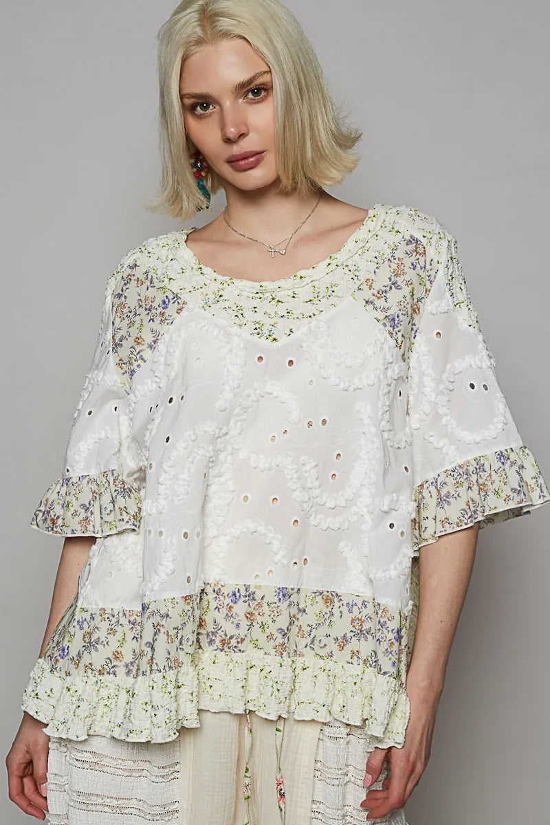 POL Floral Print Eyelet Ruffled Hem Blouse White