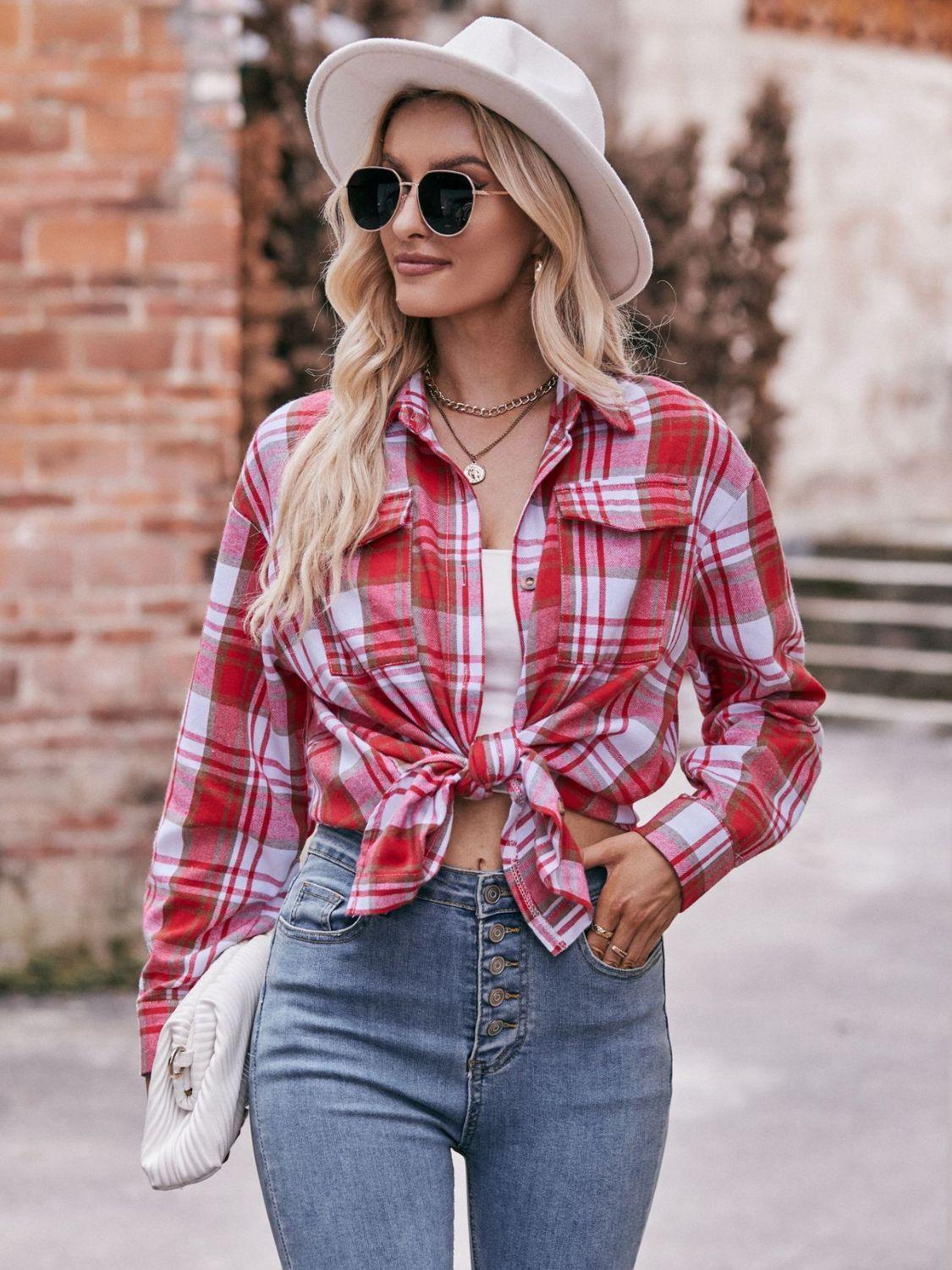 Mandy Plaid Dropped Shoulder Longline Shirt Deep Red