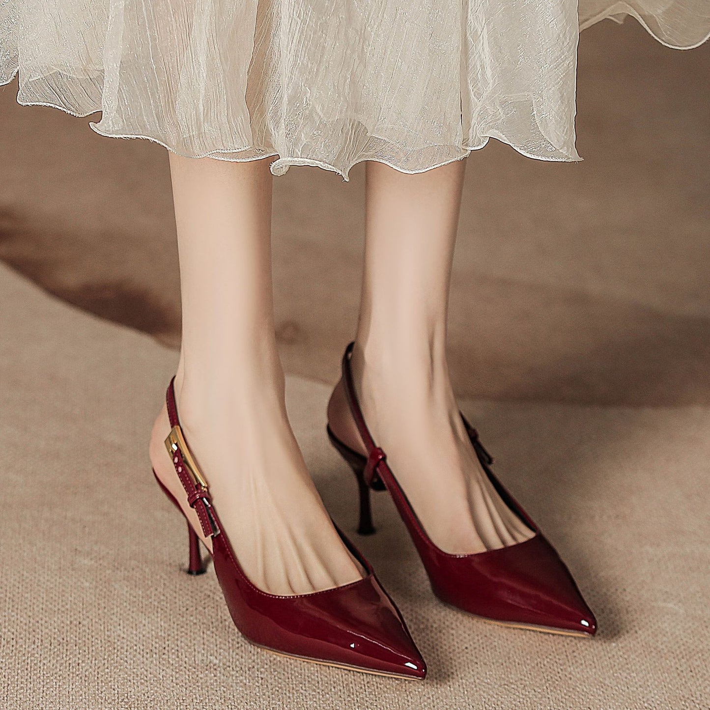 Point Toe Flare Heel Slingback Pumps