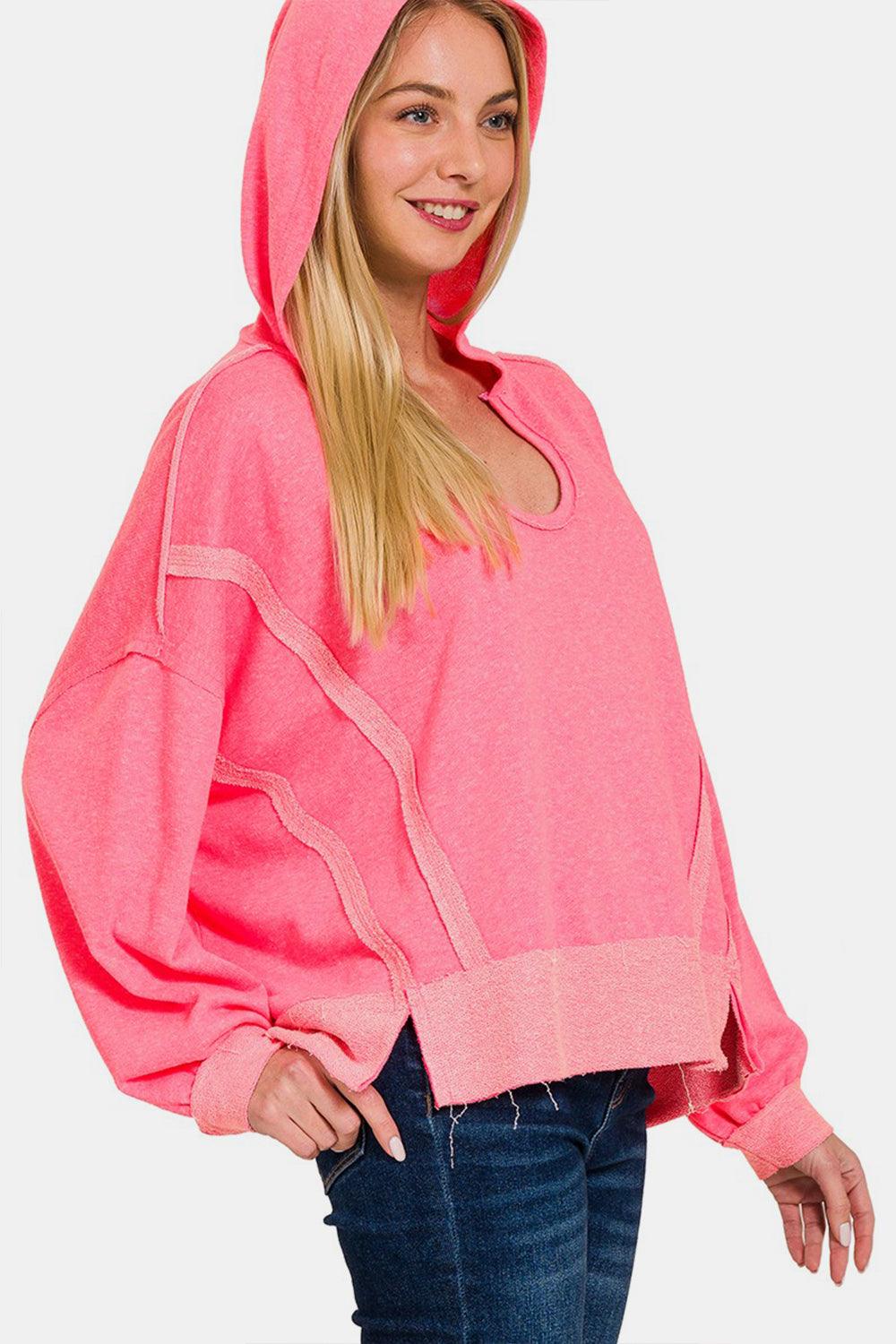 Zenana Contrast Trim Slit Hoodie Fuchsia