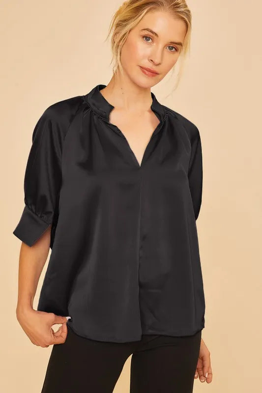 Annie Wear Multi Color Printed V-Neck Open Woven Blouse Top BLACK