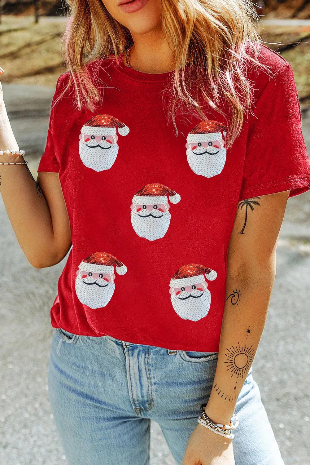 Sequin Santa Round Neck Short Sleeve T-Shirt Deep Red