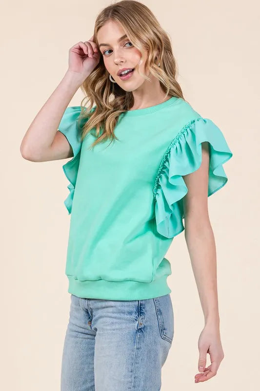 Lime 'N' Chili Solid Shoulder Ruffle Detail Round Neck Top