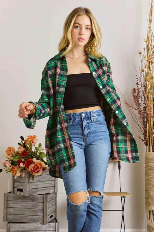 ADORA Full Size Button Down Classic Plaid Shirt W Roll Up Sleeve Plus Size