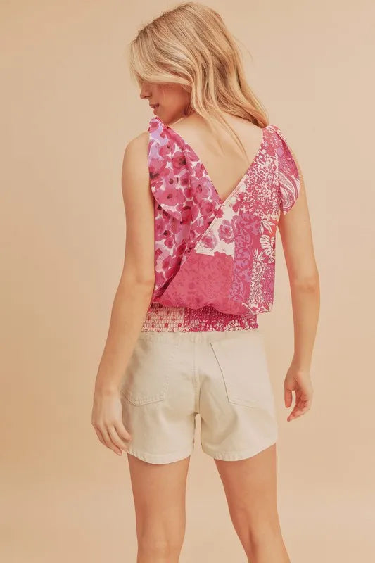 Aemi + Co Smocked Hem Printed Surplice Tank
