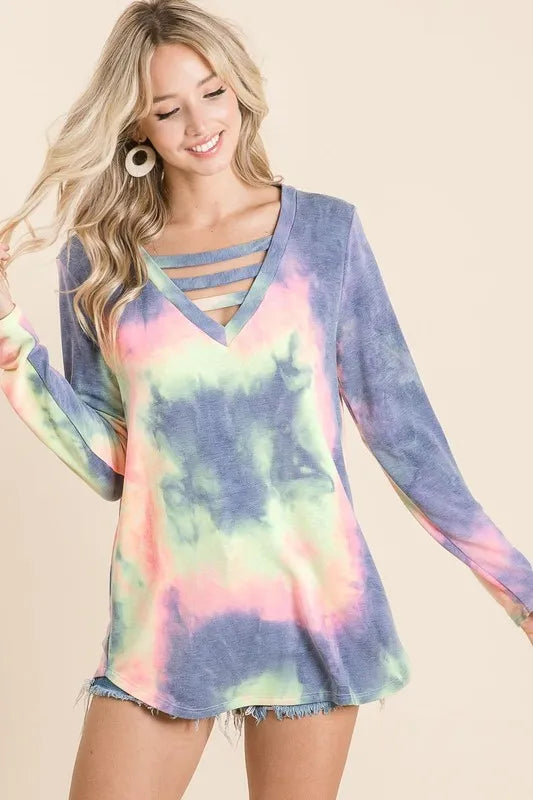 BiBi Tie Dye French Terry V-Neck Top with Strapped