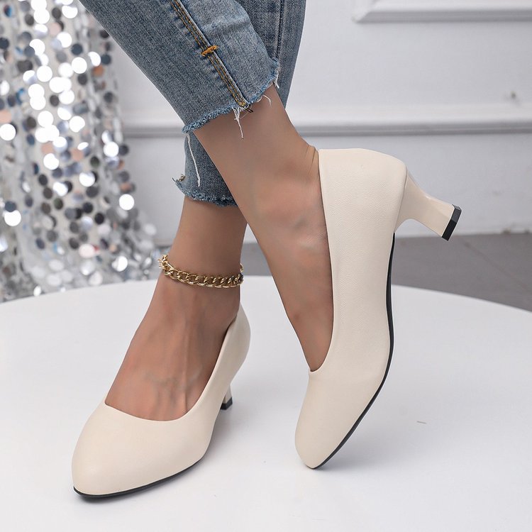 Point Toe Block Heels Pumps Beige