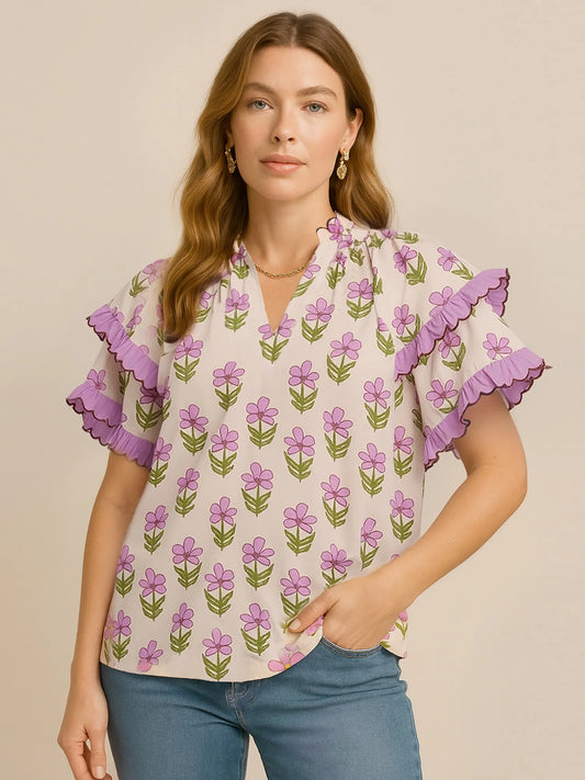 Umgee Floral Print Ruffle Short Sleeve Blouse Pink Purple