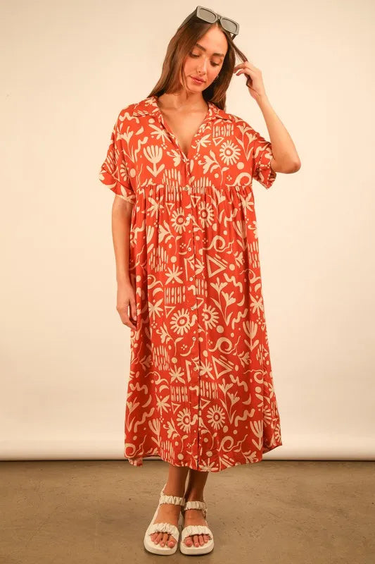 VERY J Oversized Printed Shirt Midi Dress
