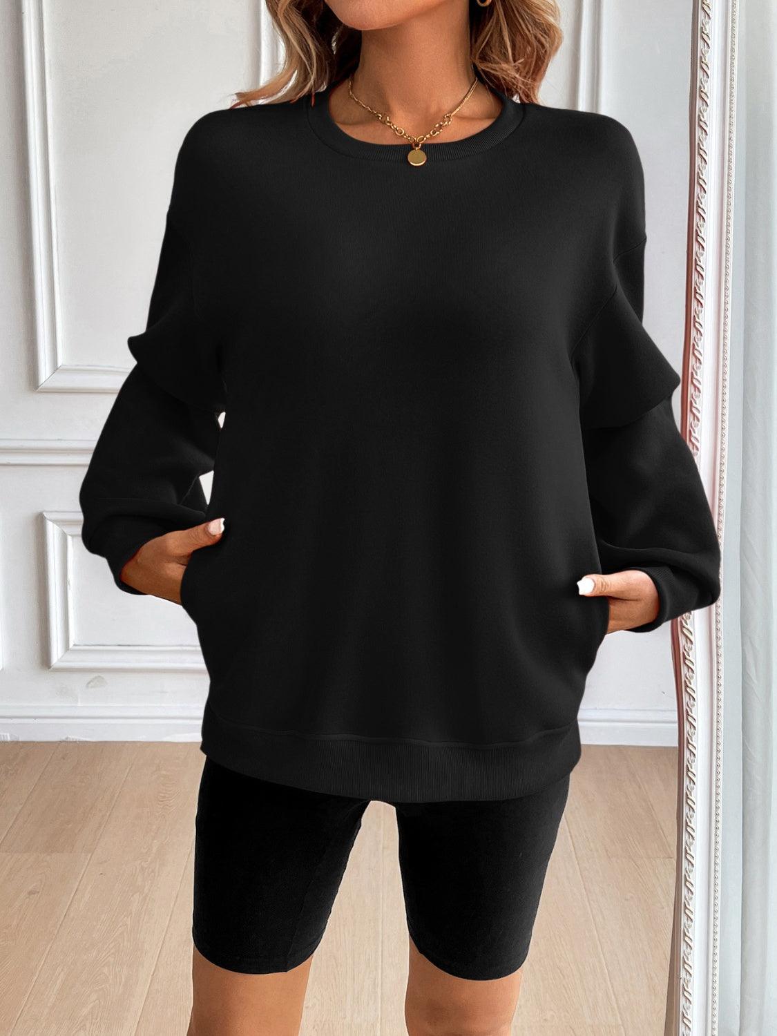 Ivy Lane Round Neck Long Sleeve Sweatshirt Black